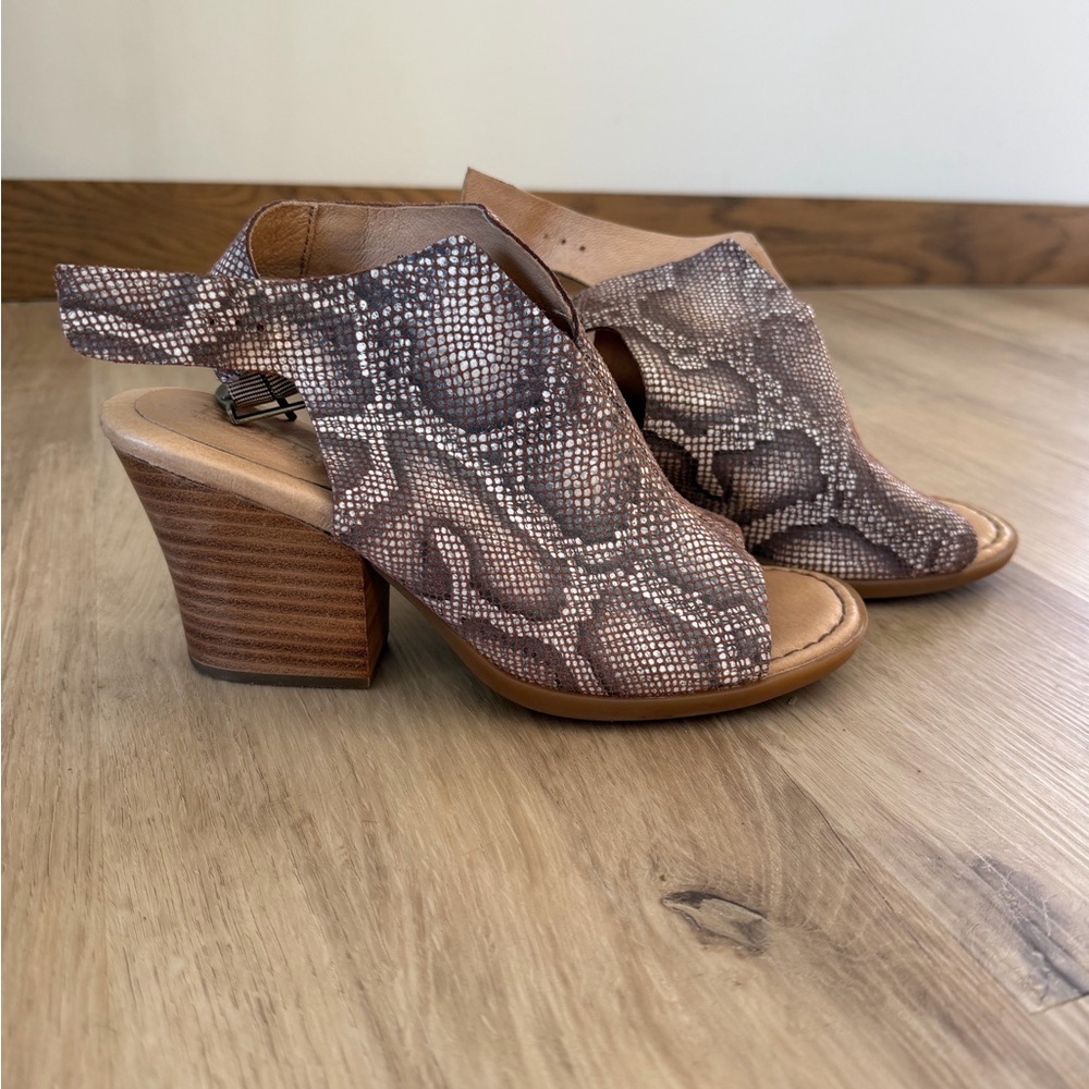 Born Brown Snake Print Women's Open Toe Heel Leather Sandals